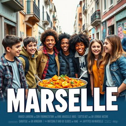 A movie poster featuring a vibrant street scene from Marseille, showcasing a playful and colorful curry dish at the forefront