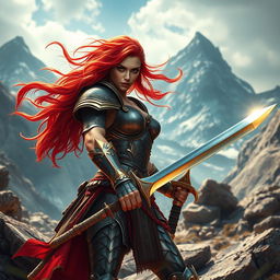 A fierce warrior woman inspired by Red Sonja, with vibrant red hair flowing in the wind, wearing intricately detailed armor that shines in the sunlight