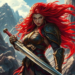 A fierce warrior woman inspired by Red Sonja, with vibrant red hair flowing in the wind, wearing intricately detailed armor that shines in the sunlight