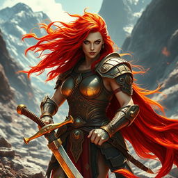 A fierce warrior woman inspired by Red Sonja, with vibrant red hair flowing in the wind, wearing intricately detailed armor that shines in the sunlight