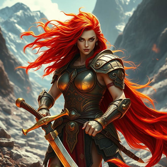 A fierce warrior woman inspired by Red Sonja, with vibrant red hair flowing in the wind, wearing intricately detailed armor that shines in the sunlight