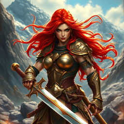 A fierce warrior woman inspired by Red Sonja, with vibrant red hair flowing in the wind, wearing intricately detailed armor that shines in the sunlight