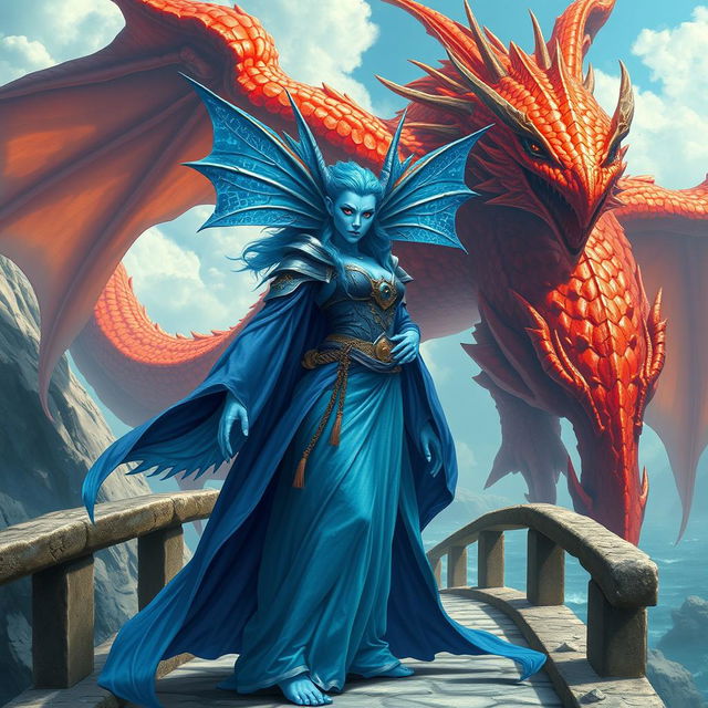 A female merfolk badass wizard with stunning blue skin, displaying an incredible array of magical powers