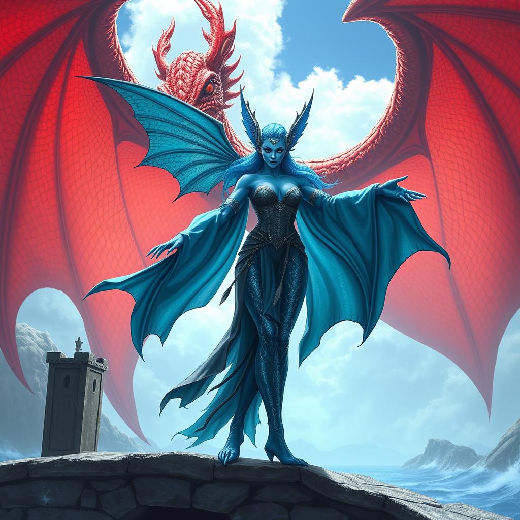 A female merfolk badass wizard with stunning blue skin, displaying an incredible array of magical powers