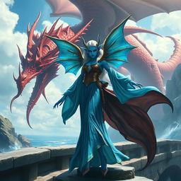 A female merfolk badass wizard with stunning blue skin, displaying an incredible array of magical powers