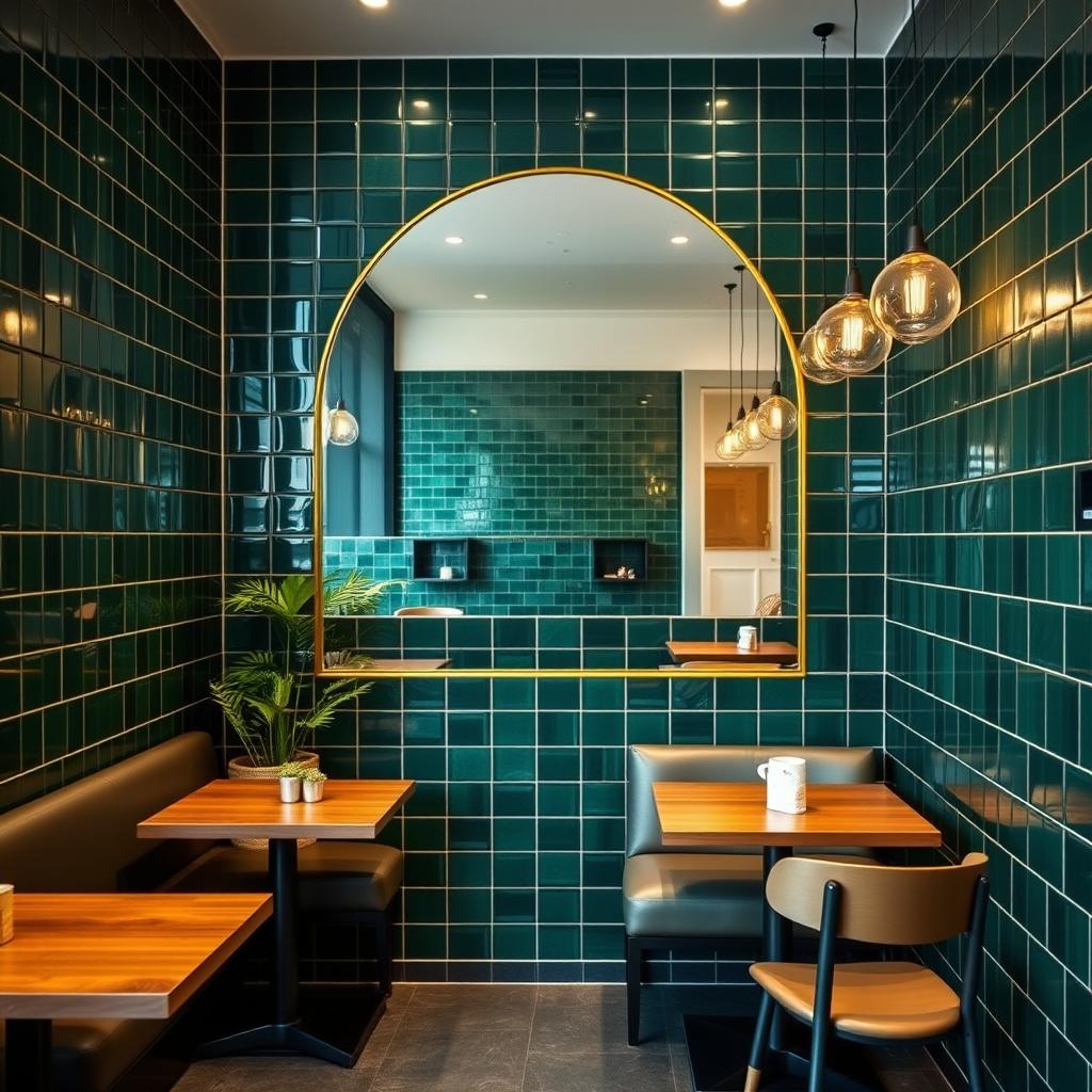 An Instagram-worthy coffee shop corner showcasing a modern vibe with stunning dark green tiles that provide a rich backdrop