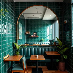 An Instagram-worthy coffee shop corner showcasing a modern vibe with stunning dark green tiles that provide a rich backdrop