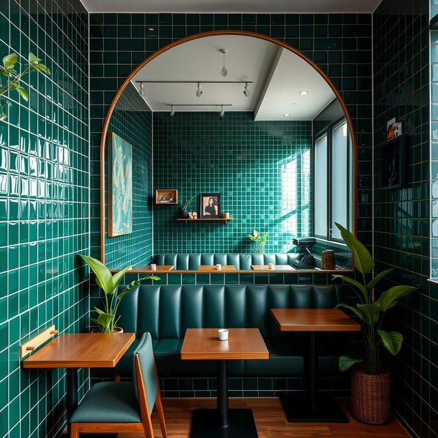 An Instagram-worthy coffee shop corner showcasing a modern vibe with stunning dark green tiles that provide a rich backdrop