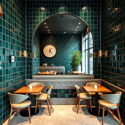 An Instagram-worthy coffee shop corner showcasing a modern vibe with stunning dark green tiles that provide a rich backdrop