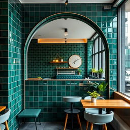 An Instagram-worthy coffee shop corner showcasing a modern vibe with stunning dark green tiles that provide a rich backdrop