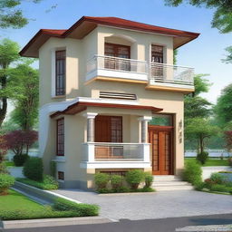 A beautiful two-story house in the Assam design, with a sheet on the first floor and a balcony area.