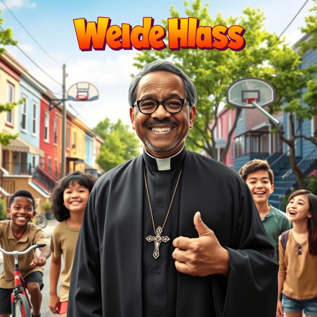 A vibrant and engaging movie poster featuring a wise, friendly priest in traditional clerical attire standing at the forefront