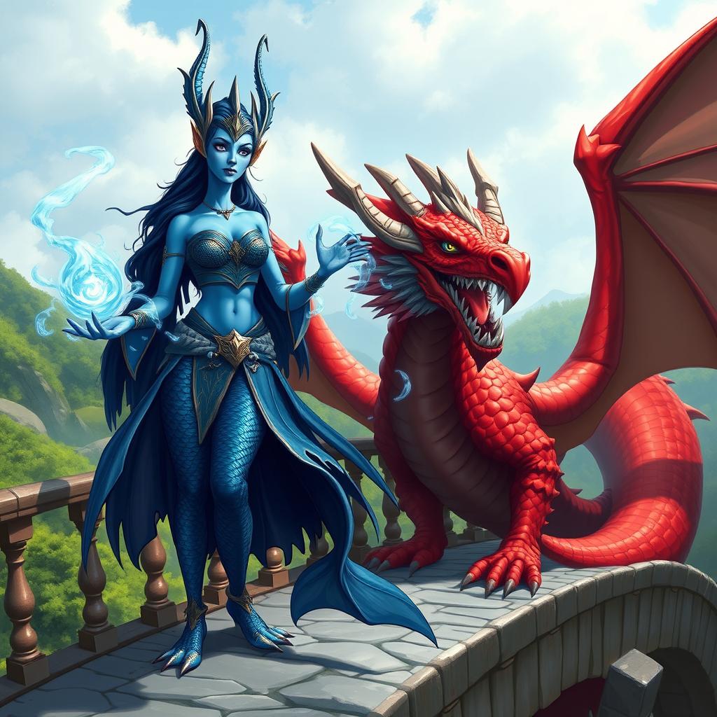 A powerful female merfolk wizard with striking blue skin, displaying her unique fish-like features including large, elegant fins and pointed ears