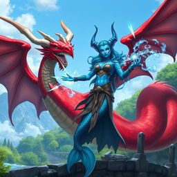 A powerful female merfolk wizard with striking blue skin, displaying her unique fish-like features including large, elegant fins and pointed ears