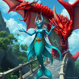 A powerful female merfolk wizard with striking blue skin, displaying her unique fish-like features including large, elegant fins and pointed ears