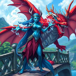 A powerful female merfolk wizard with striking blue skin, displaying her unique fish-like features including large, elegant fins and pointed ears