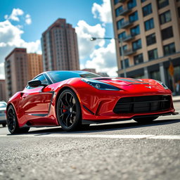 A sleek, modern sports car with a sexy, aerodynamic design, lowered down to about 4 to 5 inches closer to the ground