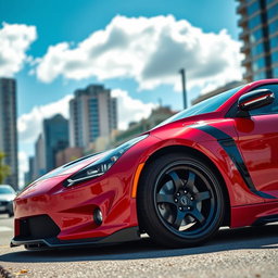 A sleek, modern sports car with a sexy, aerodynamic design, lowered down to about 4 to 5 inches closer to the ground