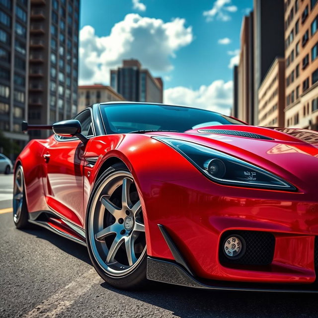 A sleek, modern sports car with a sexy, aerodynamic design, lowered down to about 4 to 5 inches closer to the ground