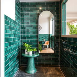 A beautifully designed coffee shop corner with a modern vibe, featuring elegant dark green tiles that define the space