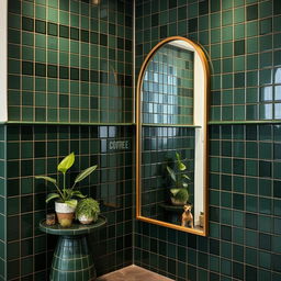 A beautifully designed coffee shop corner with a modern vibe, featuring elegant dark green tiles that define the space