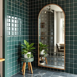 A beautifully designed coffee shop corner with a modern vibe, featuring elegant dark green tiles that define the space