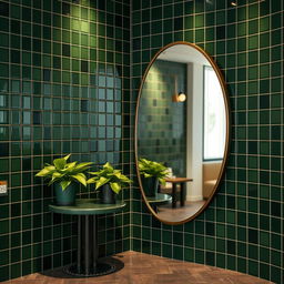 A beautifully designed coffee shop corner with a modern vibe, featuring elegant dark green tiles that define the space