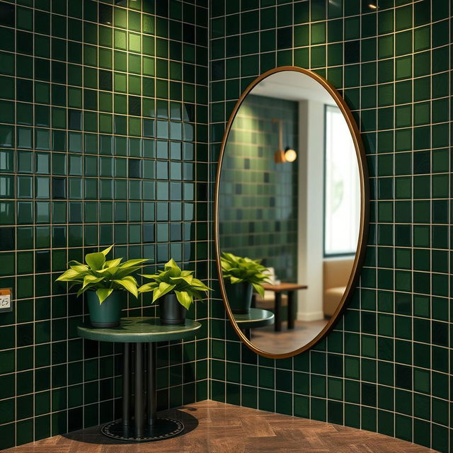 A beautifully designed coffee shop corner with a modern vibe, featuring elegant dark green tiles that define the space