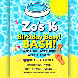 A vibrant birthday party flyer for a 16th birthday celebration themed around a pool party