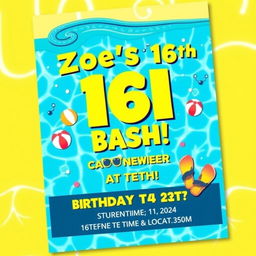A vibrant birthday party flyer for a 16th birthday celebration themed around a pool party