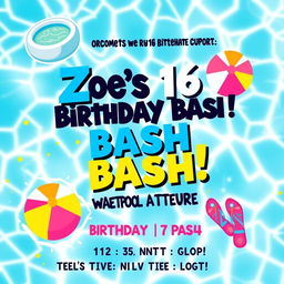 A vibrant birthday party flyer for a 16th birthday celebration themed around a pool party
