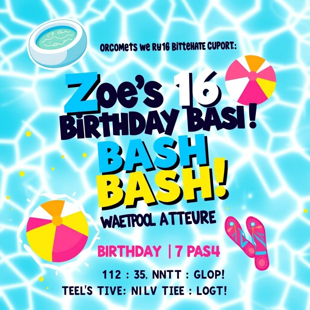 A vibrant birthday party flyer for a 16th birthday celebration themed around a pool party