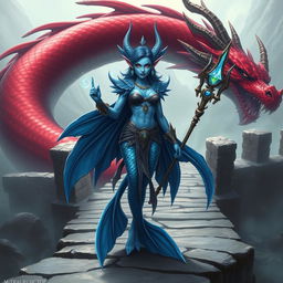 A powerful female merfolk wizard with vibrant blue skin, large elegant fish fins and distinctive fin-like ears, standing confidently on an ancient stone bridge