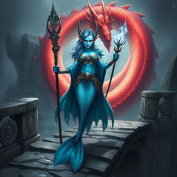 A powerful female merfolk wizard with vibrant blue skin, large elegant fish fins and distinctive fin-like ears, standing confidently on an ancient stone bridge