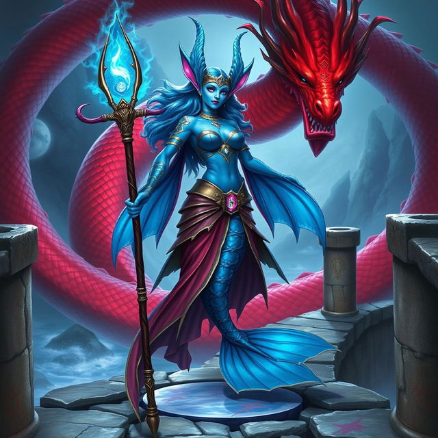 A powerful female merfolk wizard with vibrant blue skin, large elegant fish fins and distinctive fin-like ears, standing confidently on an ancient stone bridge