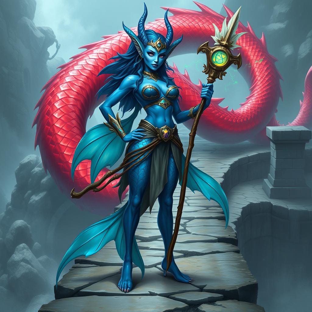 A powerful female merfolk wizard with vibrant blue skin, large elegant fish fins and distinctive fin-like ears, standing confidently on an ancient stone bridge
