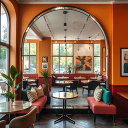 A stunning coffee shop corner designed to be Instagram-worthy, featuring a spectacular floor-to-ceiling arch mirror that has no border, creating a seamless and elegant look