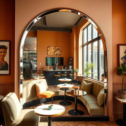 A stunning coffee shop corner designed to be Instagram-worthy, featuring a spectacular floor-to-ceiling arch mirror that has no border, creating a seamless and elegant look