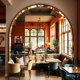A stunning coffee shop corner designed to be Instagram-worthy, featuring a spectacular floor-to-ceiling arch mirror that has no border, creating a seamless and elegant look