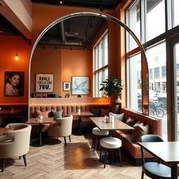 A stunning coffee shop corner designed to be Instagram-worthy, featuring a spectacular floor-to-ceiling arch mirror that has no border, creating a seamless and elegant look