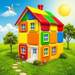 A colorful house designed to resemble a Rubik's Cube, featuring bright and vibrant colors in squares, creating a playful and whimsical appearance