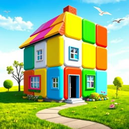 A colorful house designed to resemble a Rubik's Cube, featuring bright and vibrant colors in squares, creating a playful and whimsical appearance