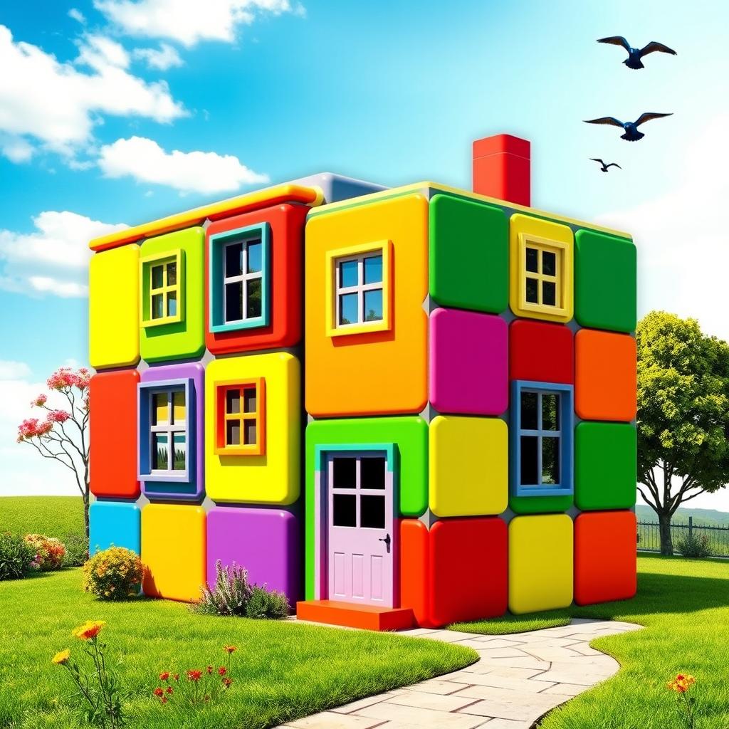 A colorful house designed to resemble a Rubik's Cube, featuring bright and vibrant colors in squares, creating a playful and whimsical appearance