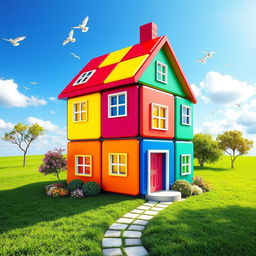 A colorful house designed to resemble a Rubik's Cube, featuring bright and vibrant colors in squares, creating a playful and whimsical appearance