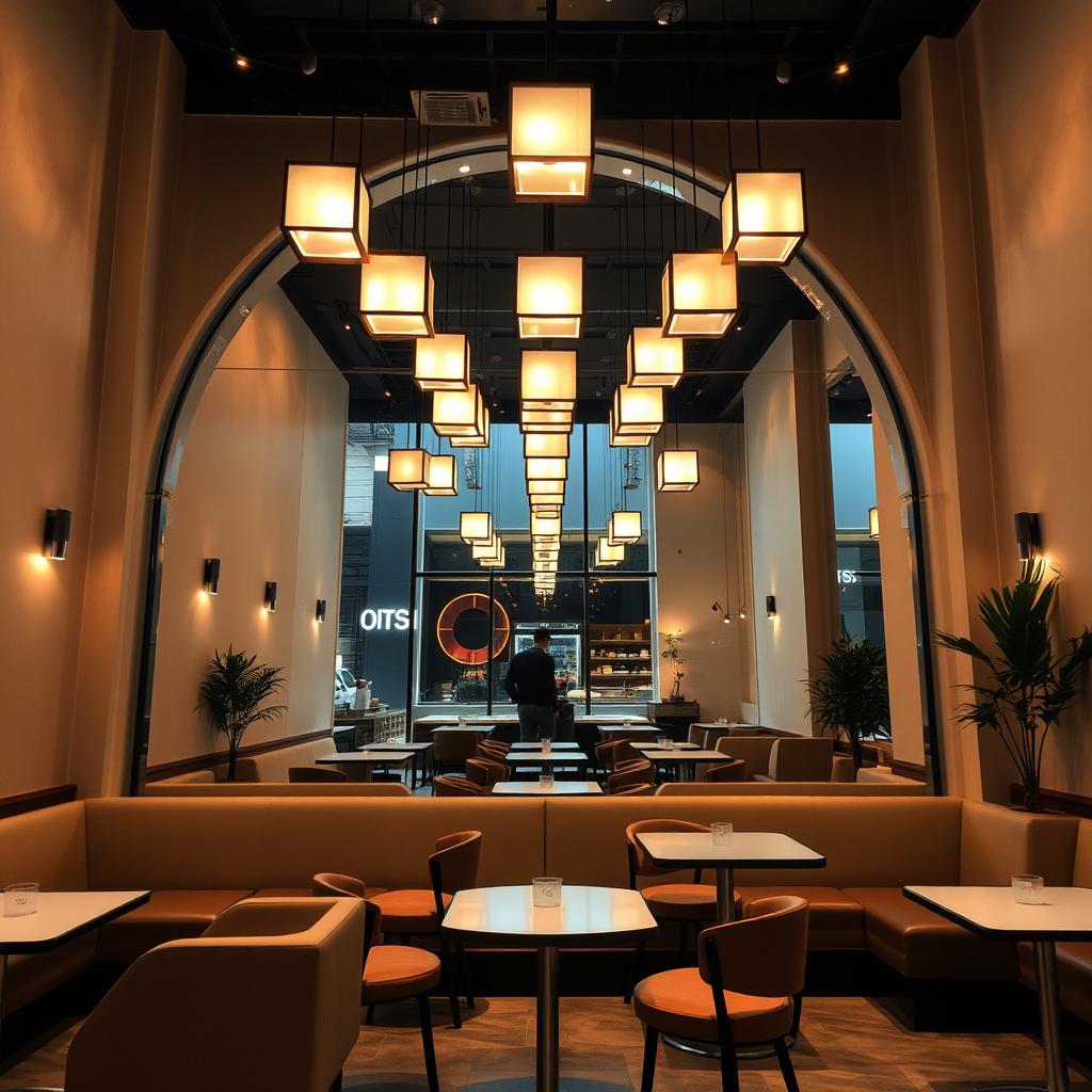 An Instagram-worthy coffee shop corner featuring a magnificent floor-to-ceiling arch mirror without any border, creating a sleek and contemporary look