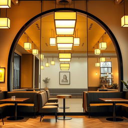 An Instagram-worthy coffee shop corner featuring a magnificent floor-to-ceiling arch mirror without any border, creating a sleek and contemporary look