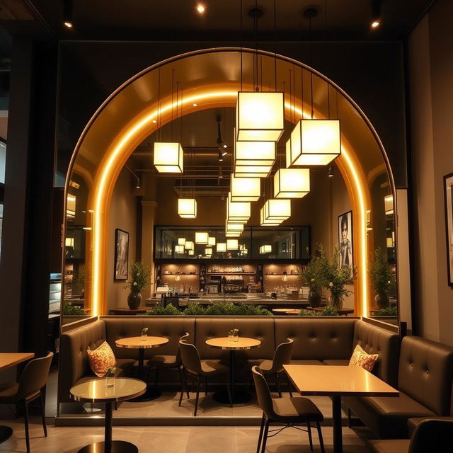 An Instagram-worthy coffee shop corner featuring a magnificent floor-to-ceiling arch mirror without any border, creating a sleek and contemporary look