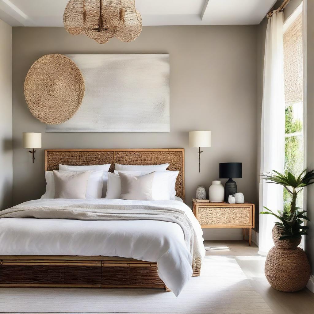 An exquisite bedroom featuring a beautiful Venetian plaster wall, a clean and crisp white linen bed, stylish rattan accents, and a large, eye-catching artwork.