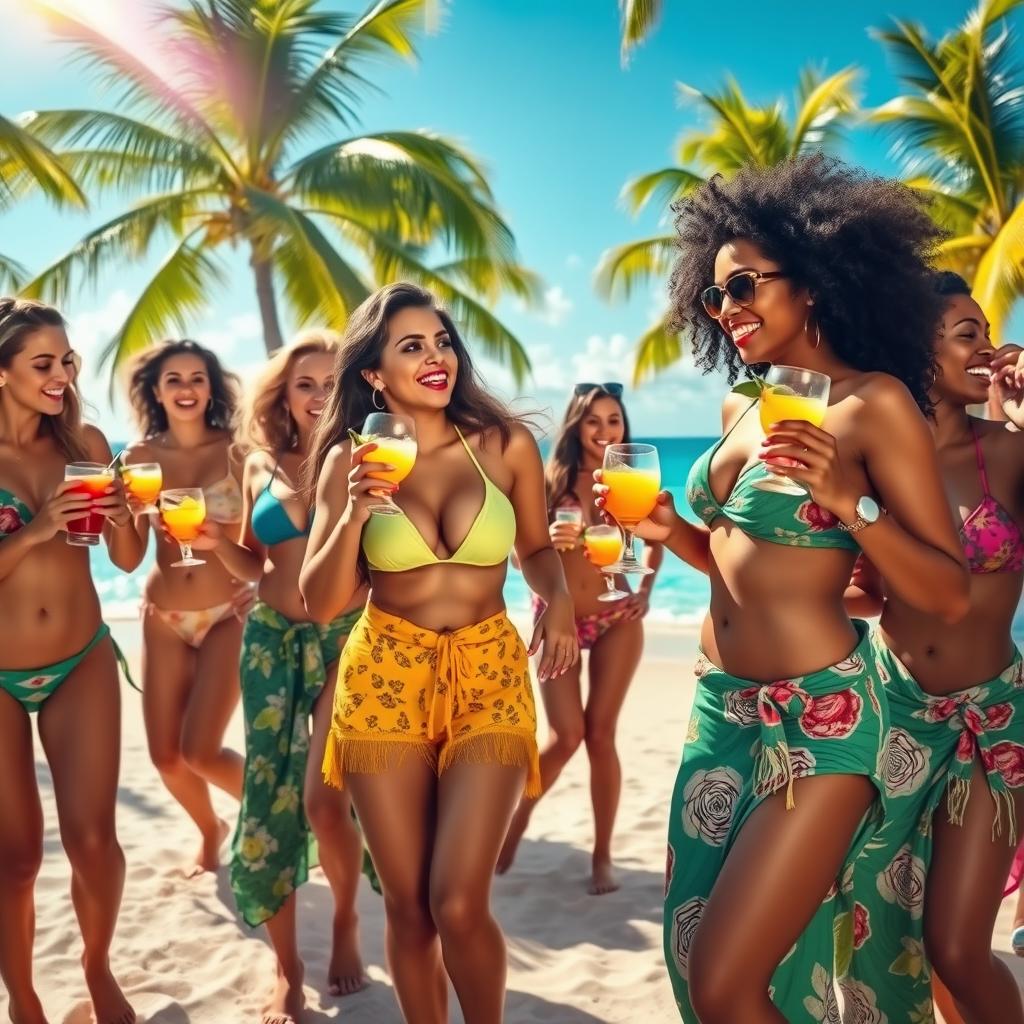 A vibrant and lively scene featuring attractive women enjoying a sunny beach party, dancing, and drinking colorful cocktails