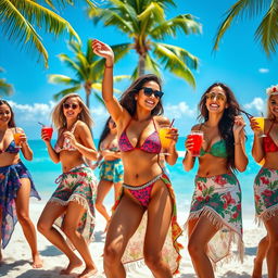 A vibrant and lively scene featuring attractive women enjoying a sunny beach party, dancing, and drinking colorful cocktails